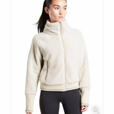 Chaqueta Athleta Para Mujer Mediana Crema Tugga Sherpa Peluche Bolsillos con Cremallera Completa Foto 1 de 4