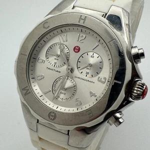 Michele Tahitian Quartz Watch Women Silver Steel White Chronograph New Battery - Picture 1 of 6