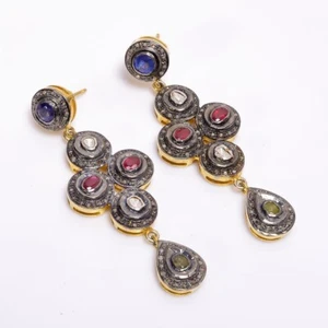 Polki Pave Diamond Earrings 925 Sterling Silver Multi Gemstone Earrings For Her - Picture 1 of 4