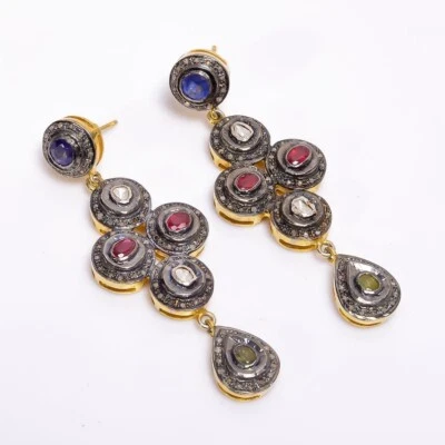 Polki Pave Diamond Earrings 925 Sterling Silver Multi Gemstone Earrings For Her - Image 1 of 4