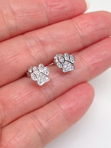 925 Sterling Silver Cz Paw Print Stud Earrings Small Tiny Studs 8mm - Picture 1 of 11