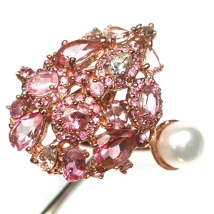 Gemstone White Pearl, Pink Topaz & Sapphire Jewelry Ring 925 Silver Size 7 - Picture 1 of 4