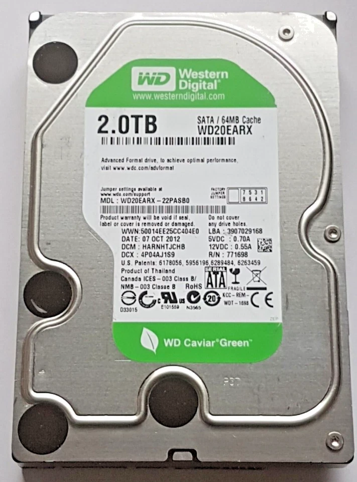 2 TB SATA Western Digital WD20EARX-22PASB0 5400rpm 64MB HDD 3,5 " Hard Drive - Image 1 of 1
