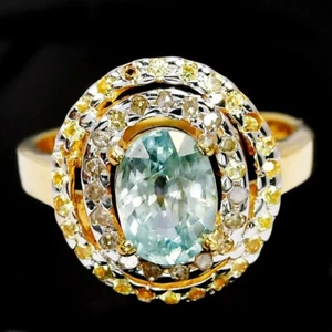 ANILLO PLATA ESTERLINA 925 ESPUMA DE MAR CIRCÓN AZUL OVALADO CHAPADO EN ORO AMARILLO 14K TALLA 7 - Imagen 1 de 10