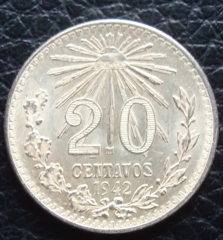 1942 Mexico 20 Cent Silver Brilliant Uncirculated.Please Se The Coin Cover