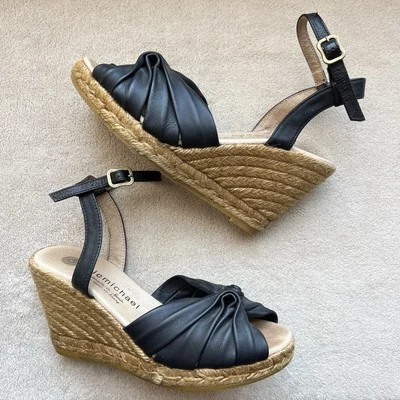 ERIC MICHAEL Gabriella Destiny Black Leather Wedge Sandal Women EU 37 US 6.5 - Image 1 of 4