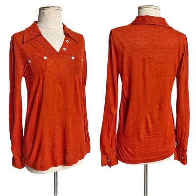 Camisa vintage años 70 cuello puntiagudo cuello en V manga larga botones bolsillos acrílico. Foto 1 de 4