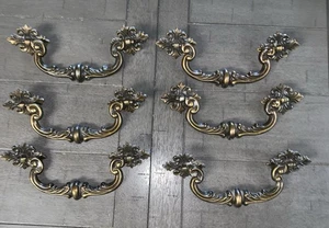 i5 VTG 6 POLISHED BRASS ORNATE FRENCH PROVINCIAL DRAWER PULLS HANDLES - Picture 1 of 15