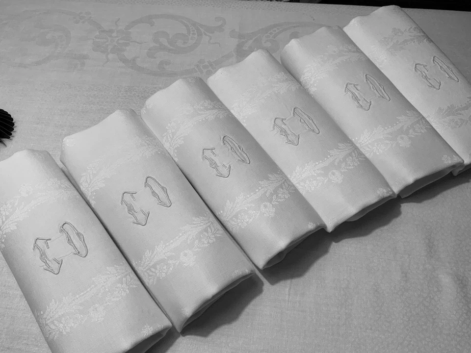 Linge Ancien 6 Serviettes De Mariage Damassé De Soie Monogramme E D 1800/1900 - Photo 1/4
