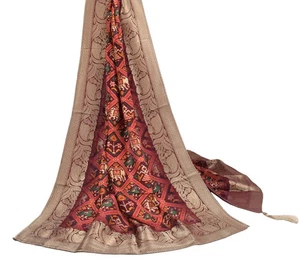 Sushila Vintage Ikat Print Dupatta with Zari Brocade Pure Cotton Silk Long Stole - Picture 1 of 10