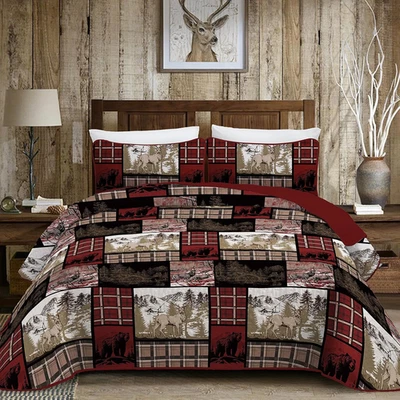 3 Piece Christmas Rustic Quilt Set King Size,Patchwork Cabin Reversible Bedsprea - Image 1 of 4