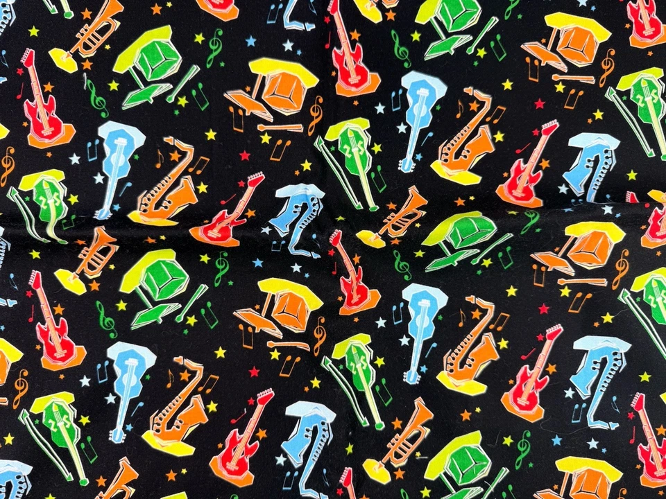 Colorful Musical Instrument Fabric Exclusively Quilters 44x 2 Yards On Black - Image 1 of 3