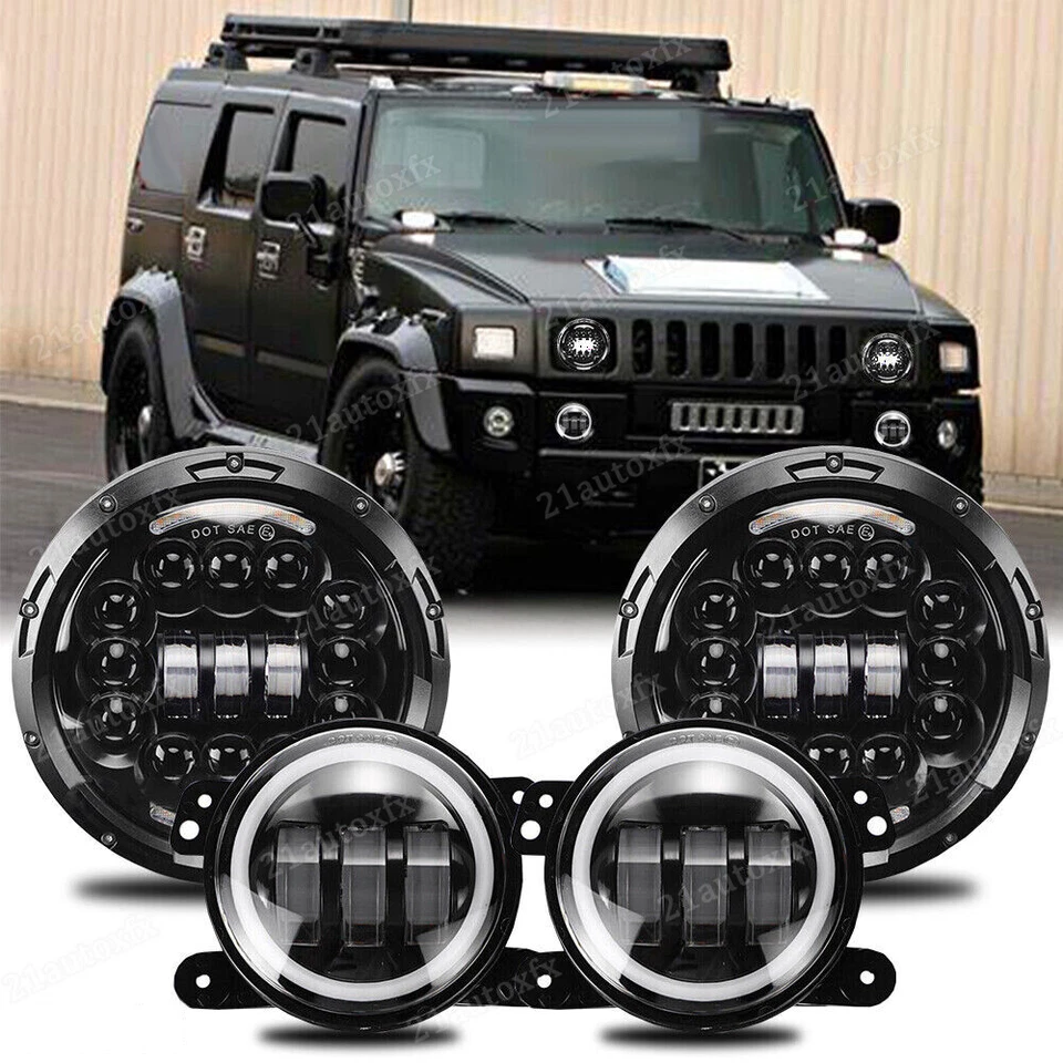 Kit combinado de faros LED halo de 7 pulgadas DRL y luces antiniebla de 4" para Hummer H2 H3T 06-10 Foto 1 de 4