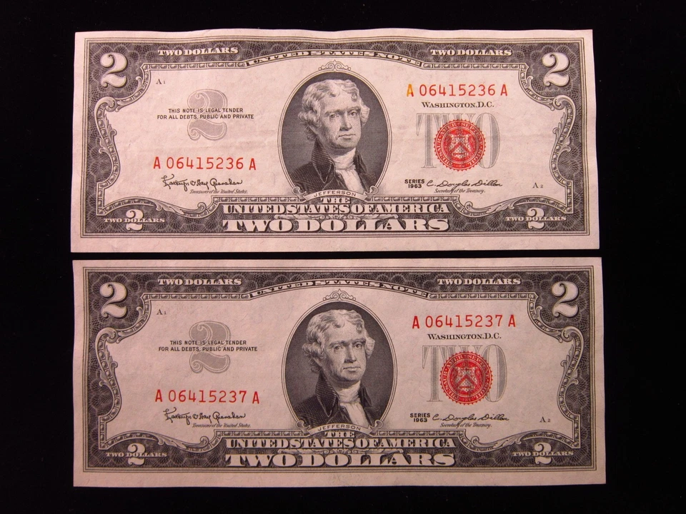 USA $2 1963 A06415236A # Sequential Pair UNITED STATES Note RED Seal Money - Image 1 of 2