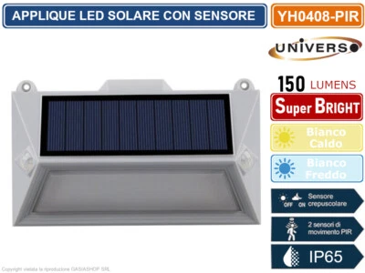 APPLIQUE LED RICARICABILE 3.6W CON PANNELLO SOLARE E DOPPIO SENSORE DI MOVIMENTO - Immagine 1 di 2