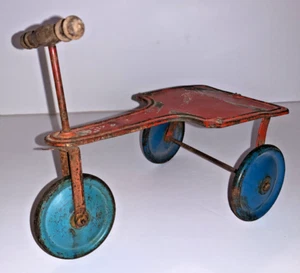 Antique Metal Tricycle with Wooden Handle - SOLD AS IS CONDITION with Paint Loss - Picture 1 of 10