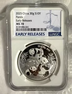 2025 China 10 Yuan 30g Panda Silver Coin, NGC MS70 - Early Releases,with COA - Picture 1 of 3