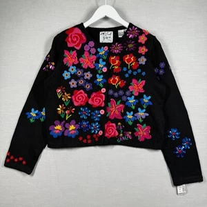 Vintage Michael Simon Cardigan Women L Black Floral Embroidered Beaded Artsy NWT - Picture 1 of 16