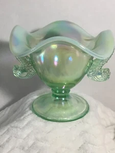 Fenton Art Glass Vase Green Opalescent FootedFish Handles Compote 95th Anniversy - Picture 1 of 12