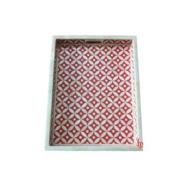 Antique Handcrafted Bone Inlay Decorative Serving Tray | Red Rectangle Tray   - Image 1 of 4