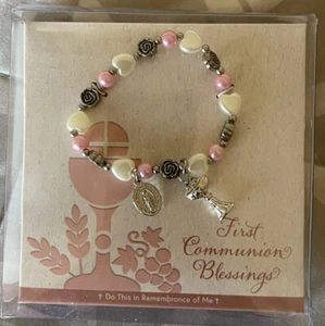 NEW FIRST COMMUNION Girls Bracelet Heart White Pink Catholic Christian Gift NEW - Picture 1 of 5