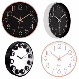 Wall Clock Silent Movement Quartz Black White Gold Silver Round 12 Inch Clocks - Picture 1 of 17