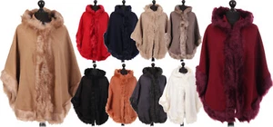 Italian Ladies Women Hooded Fur Trim Wool Cape Poncho Winter Jacket Plus 14-22 - Picture 1 of 16