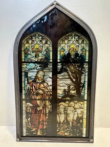Antique Jesus Shepherd Sheep Stained Glass Pewter Frame Suncatcher Window Rare - Picture 1 of 6