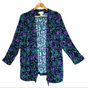 Vintage Floral Open Shirt Jacket Black Purple Grandmacore Baggy Plus Size Rayon - Picture 1 of 7