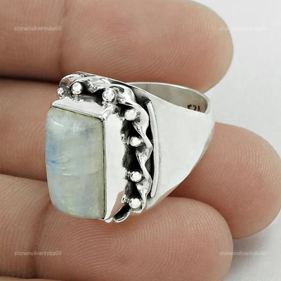 Anillo de cóctel artesanal de plata esterlina natural arco iris piedra lunar joyería EE. UU. 7 Foto 1 de 4