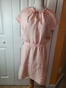 Cloth &Stone V Tied Neck 100% Linen Peach Size Medium Elastic Waist Short Dress - Picture 1 of 11