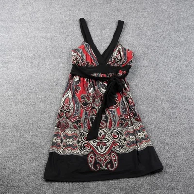 21 Vestido Mujer Pequeño Rojo Negro Estampado Paisley Sin Mangas Cuello en V Corbata Cintura EE. UU. Foto 1 de 4