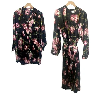 Kim Rogers SET of 2 Satin Robe and Sleep Shirt Dark Floral Roses Plus Size 1X** - Picture 1 of 18