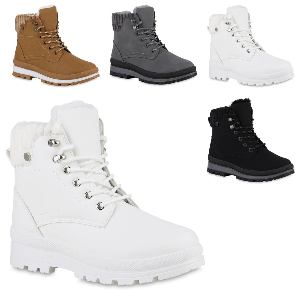 Damen Warm Gefütterte Worker Boots Profil-Sohle Bequeme Schuhe 840852 Trendy Neu - Bild 1 von 1