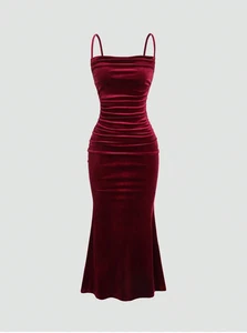 Burgunderrotes Cami-Kleid MOD einfarbig geraffter Meerjungfrauensaum Gr. XS S M L - Bild 1 von 6