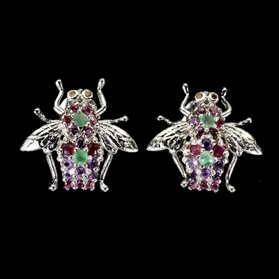 925 Sterling Silver Earrings Oval Emerald Amethyst Sapphire Gemstone Jewelry - Image 1 of 4