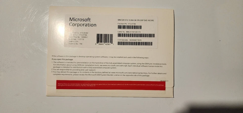 WINDOWS SVR Server Standard STD 2019 64BIT 1PK DSP OEI DVD 16CORE-SHIPNTRACKFREE - Image 1 of 1