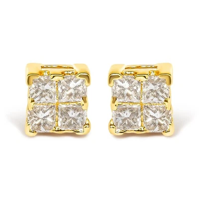 14K Yellow Gold 1/4 Cttw Invisible Set Princess-Cut Diamond Square Stud Earring - Image 1 of 4