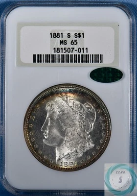 Dólar de plata Morgan 1881-S $1 NGC MS65 con CAC - Tonificación de borde brillante y atractivo Foto 1 de 4