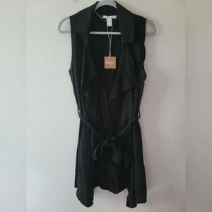 Revamped Black Linen Blend Boho Open Tie Front Sleeveless Longline Trench Vest - Picture 1 of 7