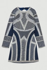 Karen Millen Size 14 Embellished Pearl Long Sleeve Mini Denim Dress RRP £319 - Picture 1 of 7