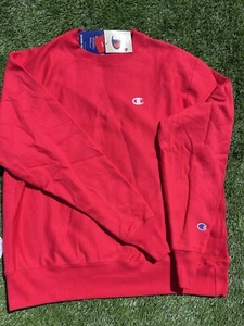 $55 (L) Champion Reverse Weave Red Oversized Crewneck Sweatshirt C Logo Patch - Picture 1 of 10