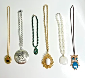 6 Vtg Necklace Pendant Lot Chunky Costume Owl Gold & Silver Tone Statement - Picture 1 of 21