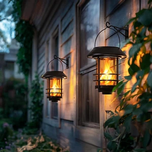 Solar Wall Lantern Outdoor Flickering Flame Solar Sconce Lights 2 Pack - Picture 1 of 12