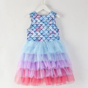 Kids Baby Girl Mermaid Costume Fancy Vacation Beach Birthday Party Rainbow Dress - Picture 1 of 24