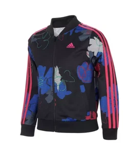 Adidas Girls Black Floral Printed 3-Striped Zip Up Tricot Jacket AP4532 NEW NWT - Picture 1 of 4