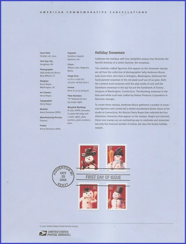 USA8 #3676 U/A SOUVENIR PAGE FDC   Snowman Red Plaid Scarf s/a - Image 1 of 1