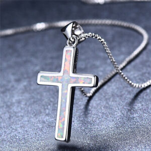 Women Silver Religious Cross White Simulated Turquoise  Opal Pendant Necklace 