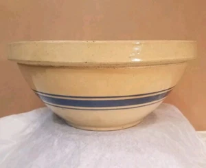 Ciotola di miscelazione Yellow Ware diametro 11-1/2 pollici bande blu vintage primitivo - Foto 1 di 15