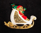 Vintage Christmas Santa Claus Sleigh Glitter Gold Tone Pin Brooch